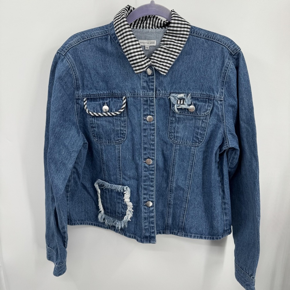 Samantha Sipos Womens Denim Jacket 2XL Blue Gingham Mixed Media Distressed Indie